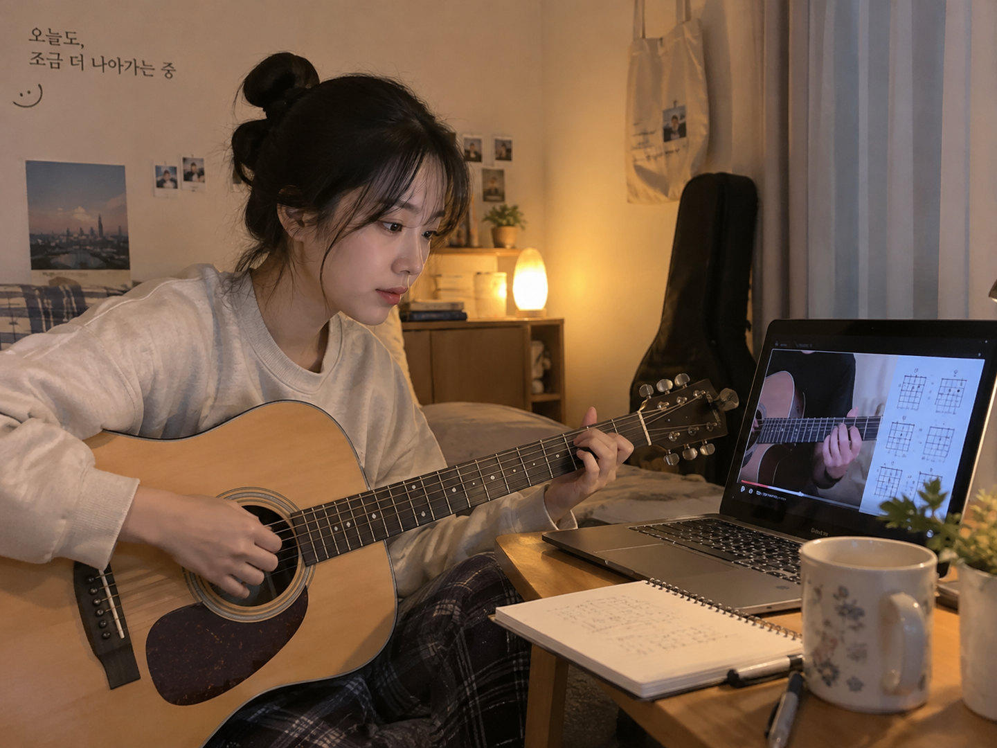 노트북 화면을 보며 기타를 연습하는 사람