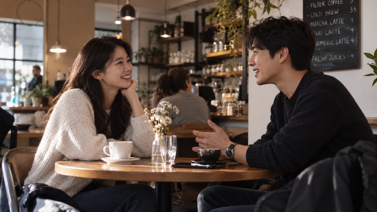 카페에서 마주 앉아 이야기를 나누는 두 사람